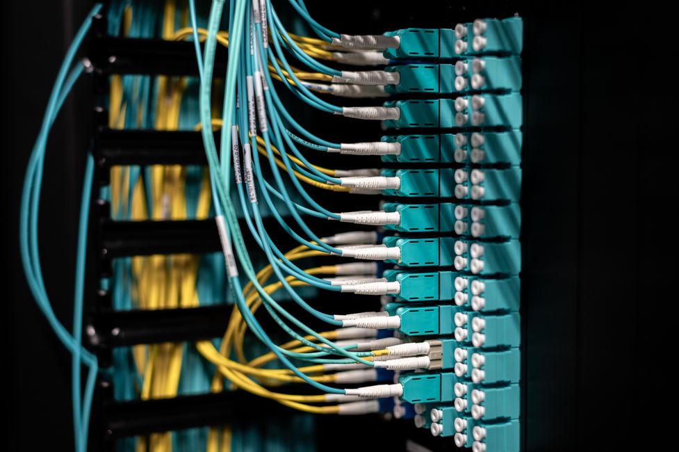 Usenet server speed and connections Fibre optic cables connected to a network switch in a server rack