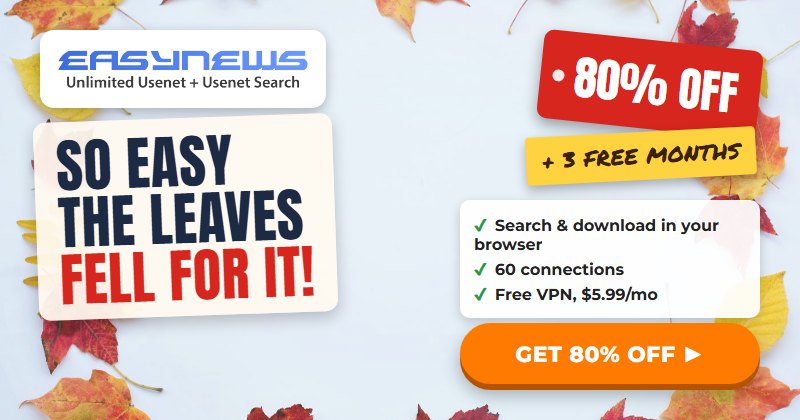 Easynews banner, so easy the leaves fell for it, 80% off plus 3 free months