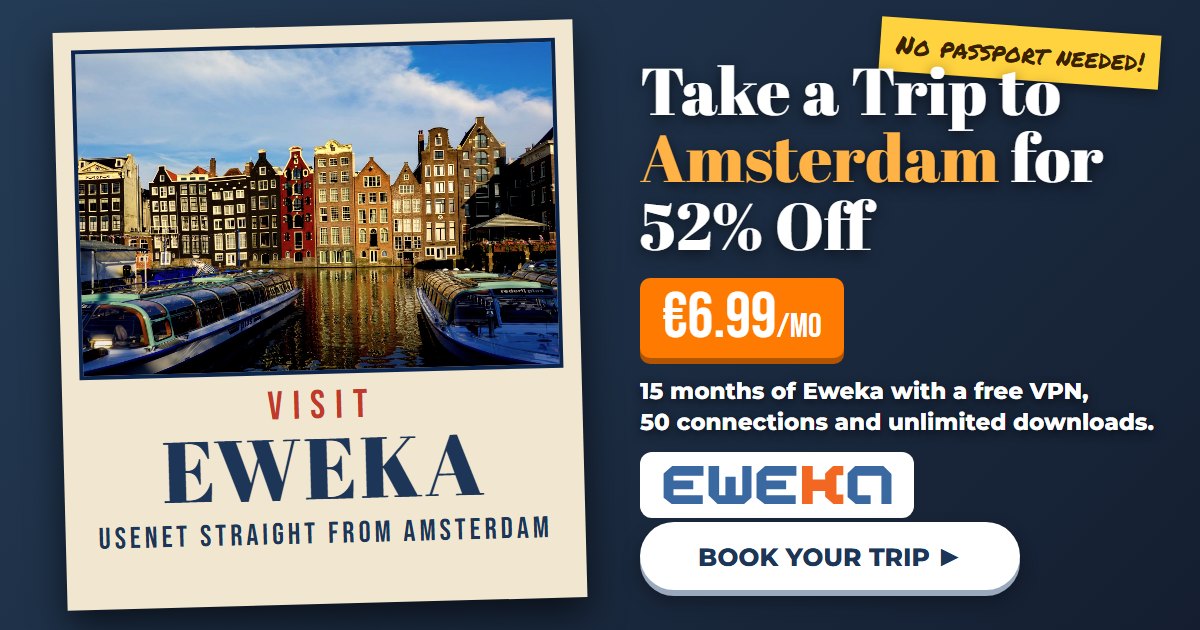 Eweka review banner, a retro visit Amsterdam travel poster, Eweka for 52% off at 6.99 euros a month with a free VPN