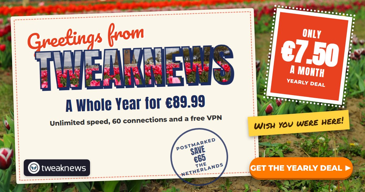 TweakNews deal banner, greetings from TweakNews postcard, a whole year for 89.99 euros, only 7.50 euros a month with a free VPN