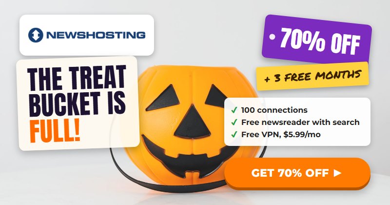 Newshosting banner, the treat bucket is full, 70% off plus 3 free months