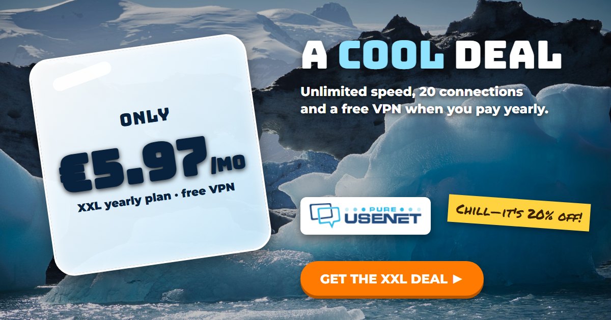 Pure Usenet review banner, a cool deal on an ice cube over Iceland icebergs, only 5.97 euros a month on the XXL yearly plan with a free VPN