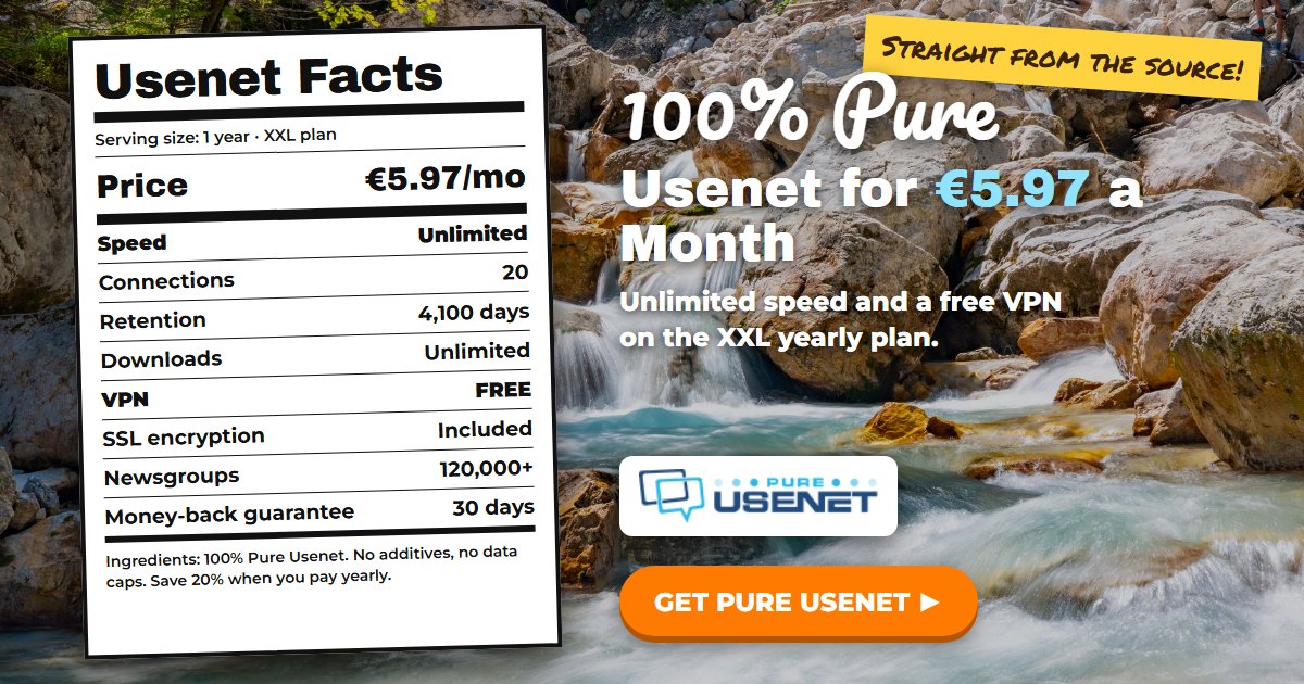 Pure Usenet deal banner, a Usenet Facts label, 100% pure Usenet for 5.97 euros a month with unlimited speed and a free VPN on the XXL yearly plan