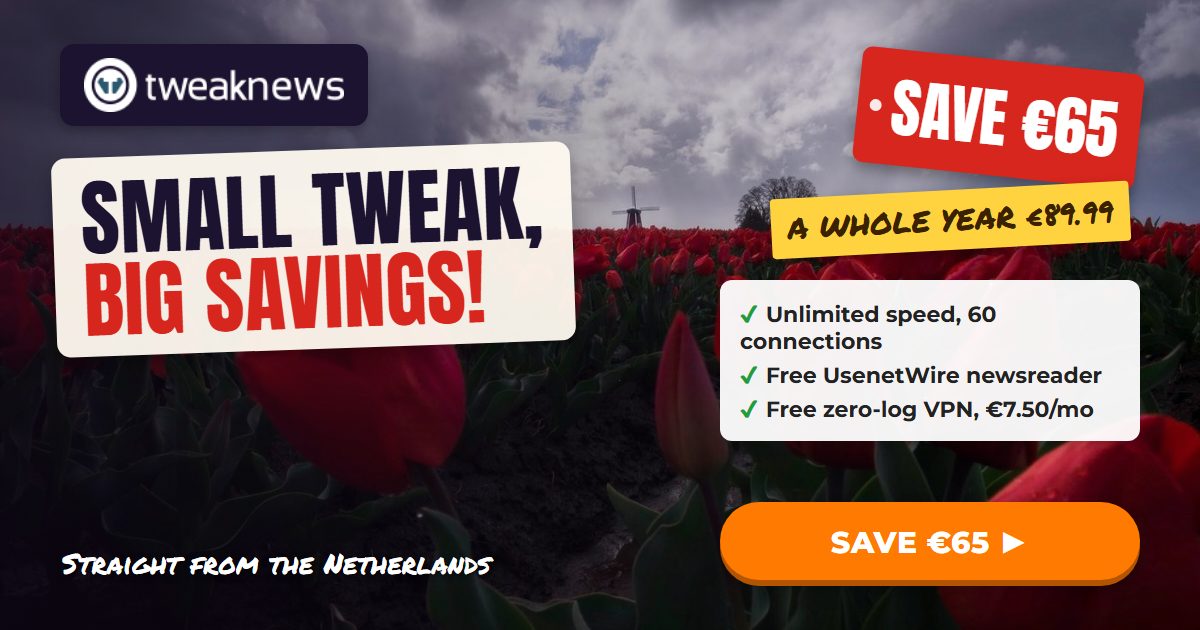 TweakNews review banner, small tweak big savings, a whole year for 89.99 euros with a free VPN