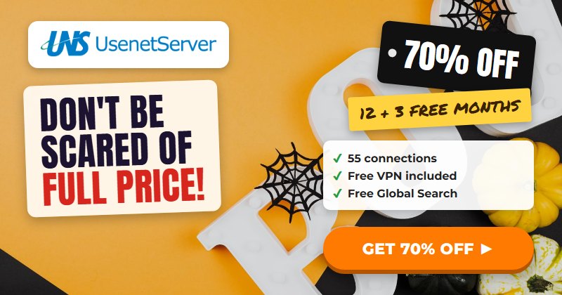 UsenetServer banner, don't be scared of full price, 70% off with 12 plus 3 free months