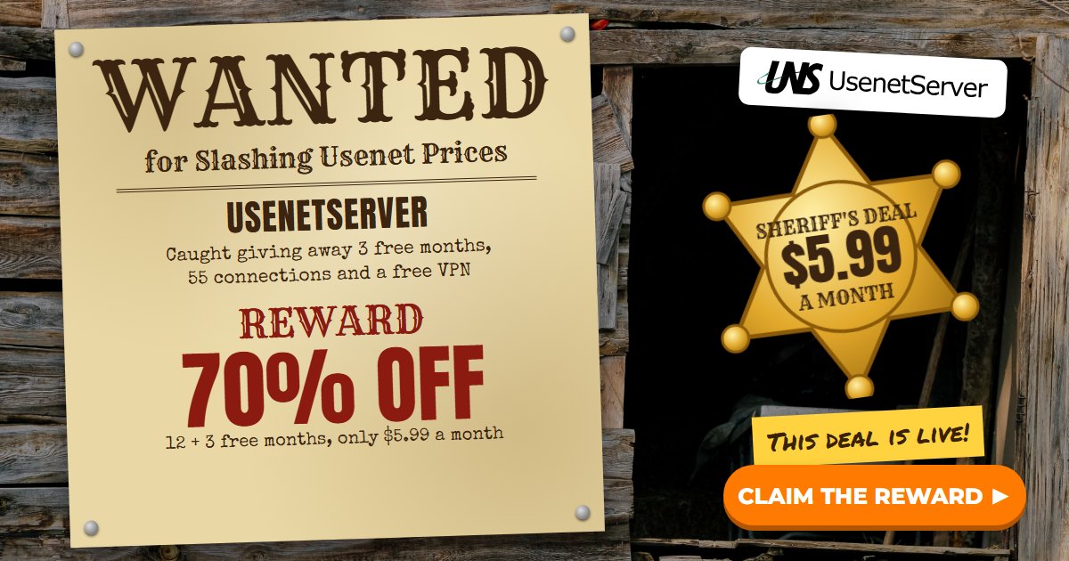 UsenetServer review banner, wanted poster for slashing Usenet prices, reward 70% off, sheriff's deal $5.99 a month